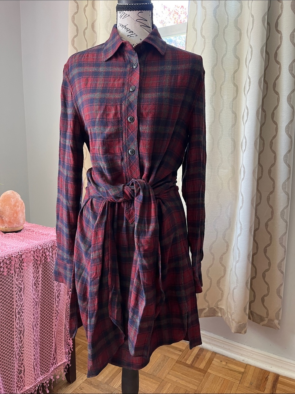 rag & bone Academia Grunge Classic Red and Navy Plaid Long Sleeve Shirt Dress